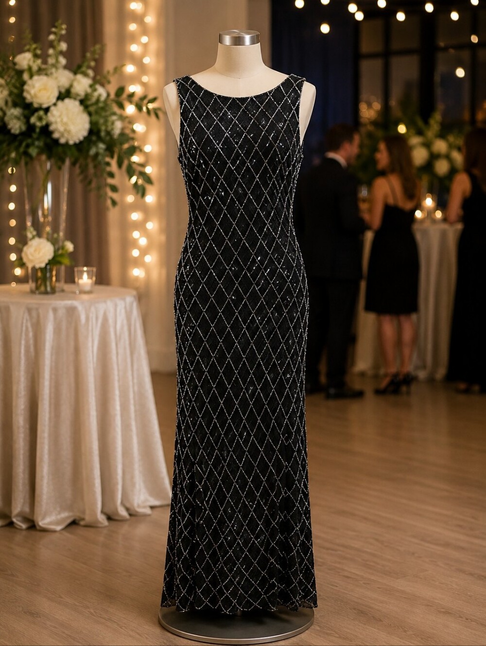 Stenay Black Maxi Dress with Silver Sequin Lattice